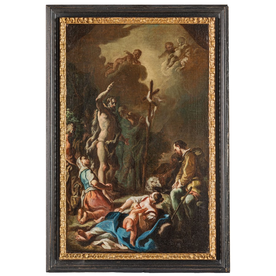 PITTORE VENETO DEL XVII-XVIII SECOLO: La predica del Battista Olio su tela, cm 60X37 Provenienza: Collezione privata