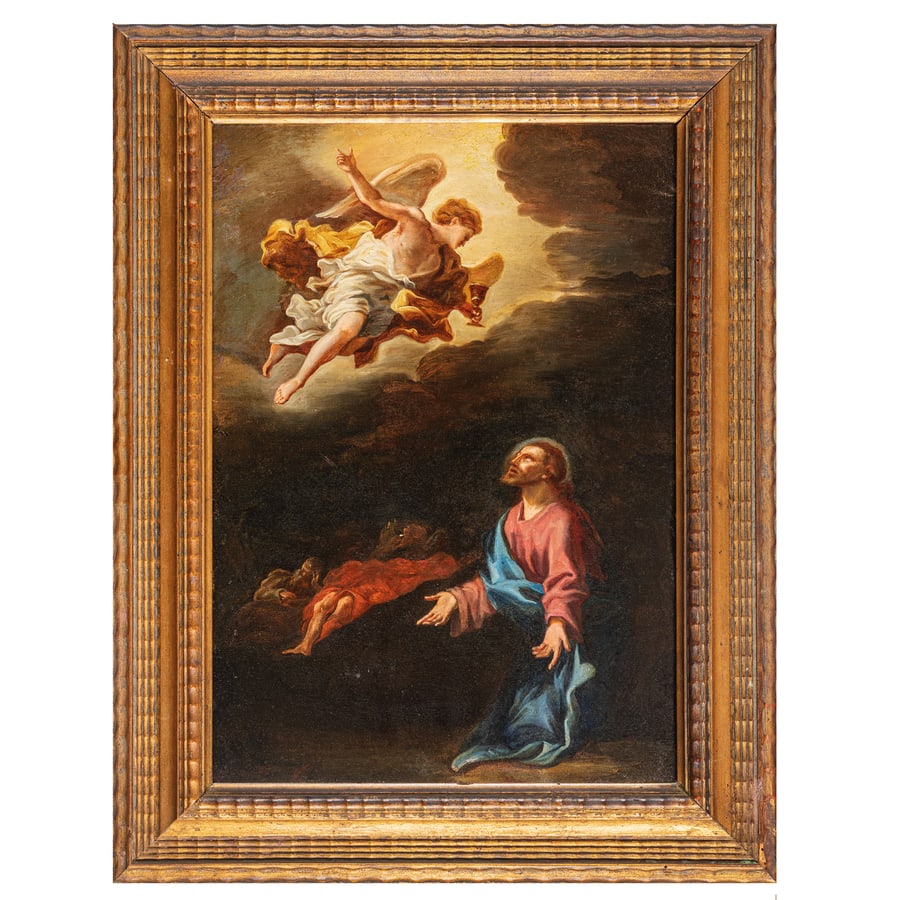 PITTORE ATTIVO A ROMA NEL XVI-XVII SECOLO: Gesù nell'orto Olio su carta applicata su tavola, cm 44,5X31,5 Provenienza: Collezione privata