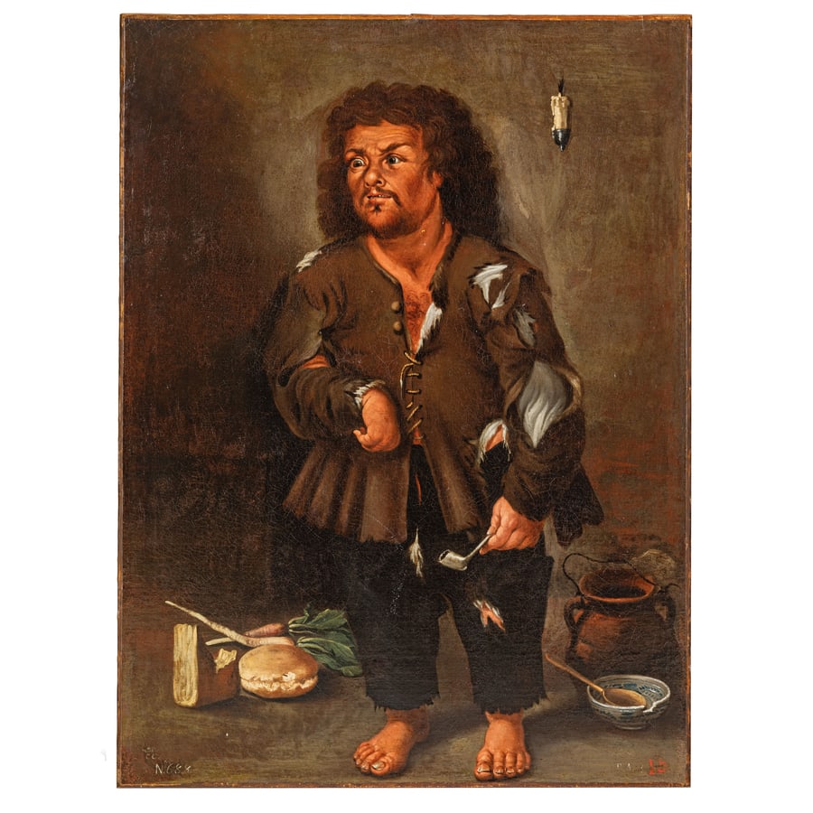 FRANCESCO SASSO: (Pieve di Teco, Genova, 1720 - Madrid, 1776) Pitocco Reca monogramma 'CC' sotto una corona in basso a sinistra Olio su tela, cm 107,5X80 L'opera è corredata da certificato CAS (Certificato di
