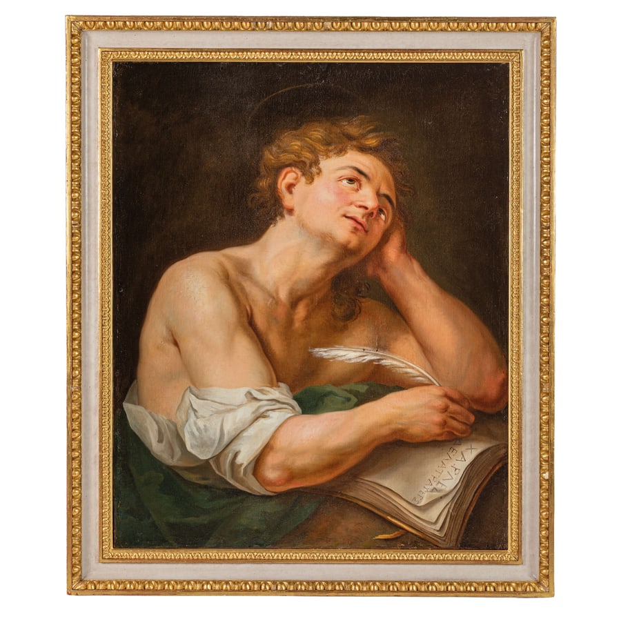 CHARLES DE LA TRAVERSE: (Parigi, 1726 - 1787?) San Giovanni a Patmos Firmato in lettere greche sul libro in basso a destra Olio su tela, cm 100,5X82,5 L'opera è corredata da certificato CAS (Certificato di Avvenuta Sped