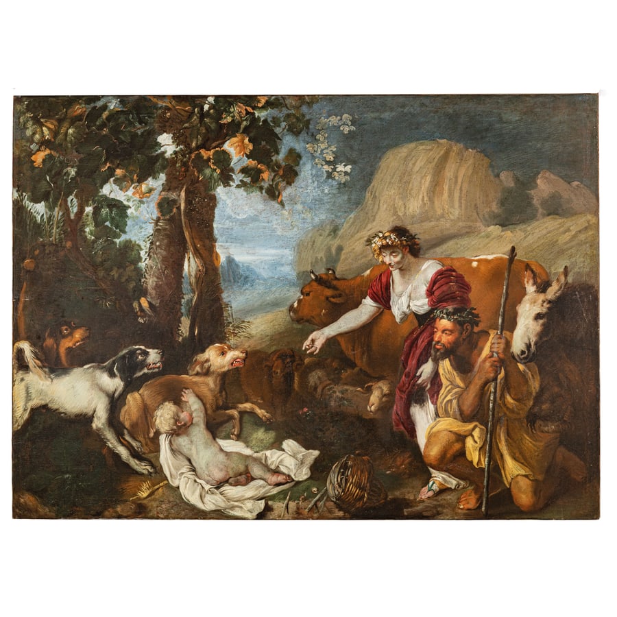 PITTORE ATTIVO A GENOVA NEL XVII-XVIII SECOLO: L'infanzia di Ciro Olio su tela, cm 98,7X136 L'opera è corredata da certificato CAS (Certificato di Avvenuta Spedizione). The painting is accompanied by a CAS certificate (Certificate of