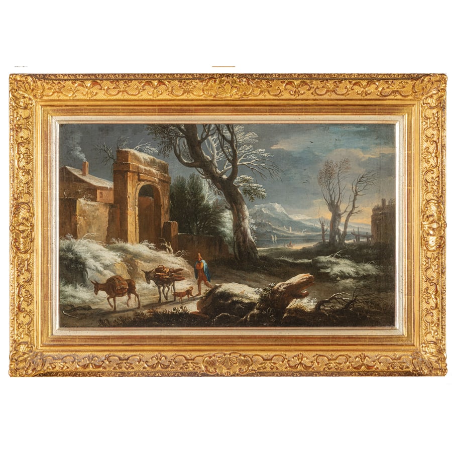 FRANCESCO FOSCHI: (Ancona, 1710 - Roma, 1780) Paesaggio invernale con viandante Olio su tela, cm 44X71,5 Provenienza: Colonia, Lempertz, 20 marzo 2013, lotto 6444 (come bottega) Collezione privata Giudicata quale