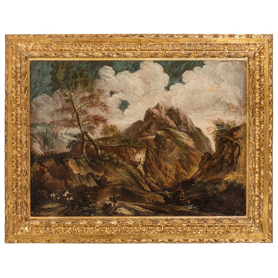 PIETRO DA CORTONA: (Cortona, 1597 - Roma, 1669) Paesaggio montano con pastori e corso d'acqua (1640-1650) Olio su tela, cm 75X98,5 L'opera è corredata da certificato CAS (Certificato di Avvenuta Spedizione). The
