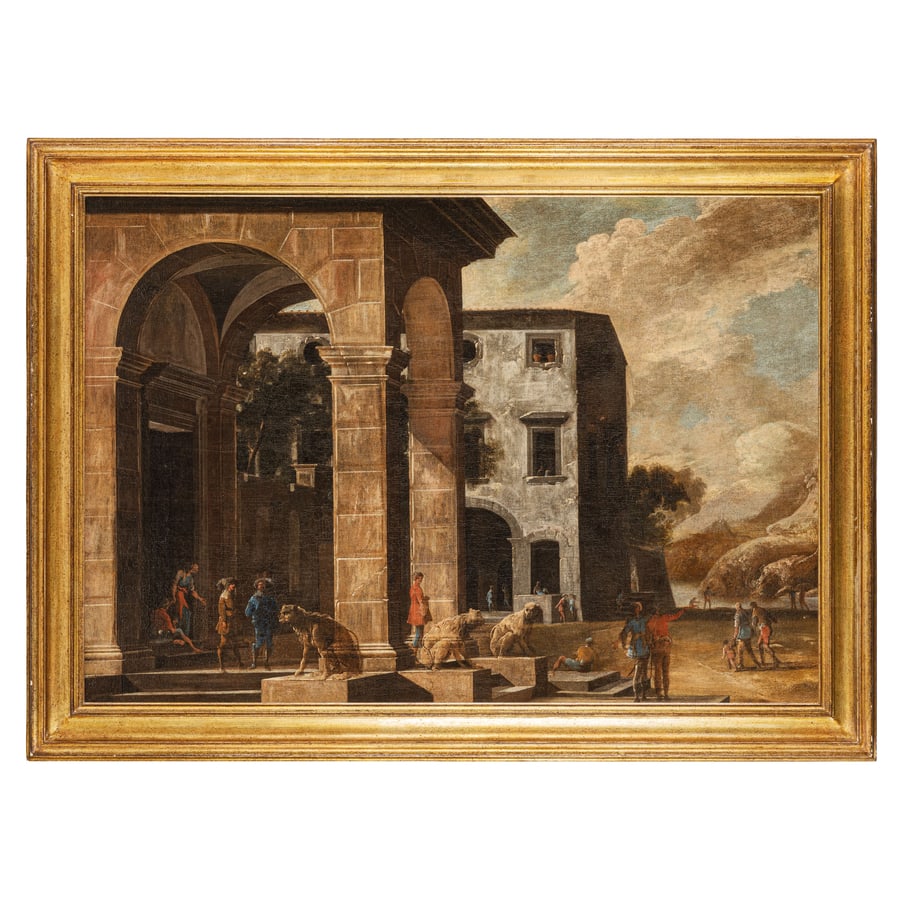 VIVIANO CODAZZI: (Bergamo, 1604 circa - Roma, 1670) DOMENICO GARGIULO detto MICCO SPADARO (Napoli, 1609/1612 - 1675) Villa di campagna con figure sotto un portico Olio su tela, cm 115,7X166,9 L'opera è corredata