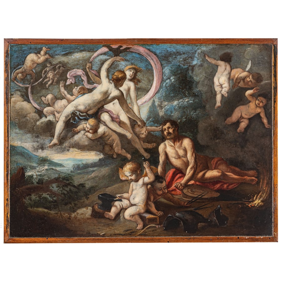 PITTORE EMILIANO DEL XVII SECOLO: Venere e Vulcano Olio su rame, cm 31,2X42,5 Provenienza: Collezione privata