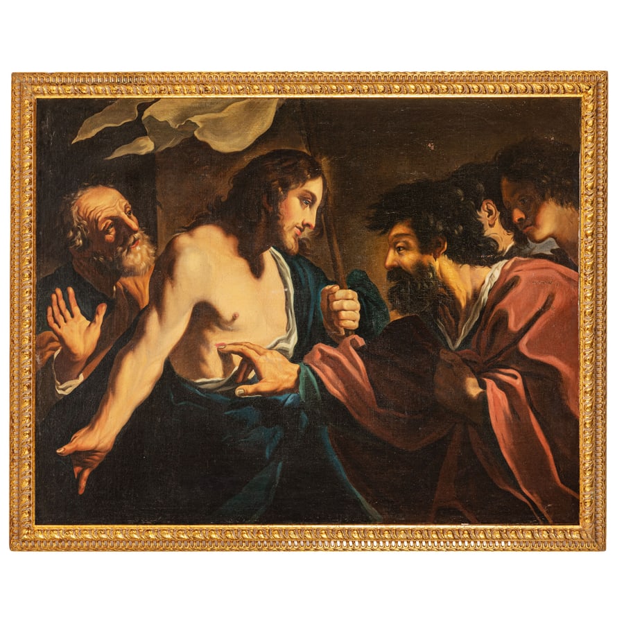 PITTORE DEL XVII SECOLO: Incredulità di San Tommaso Olio su tela, cm 113,5X144,5