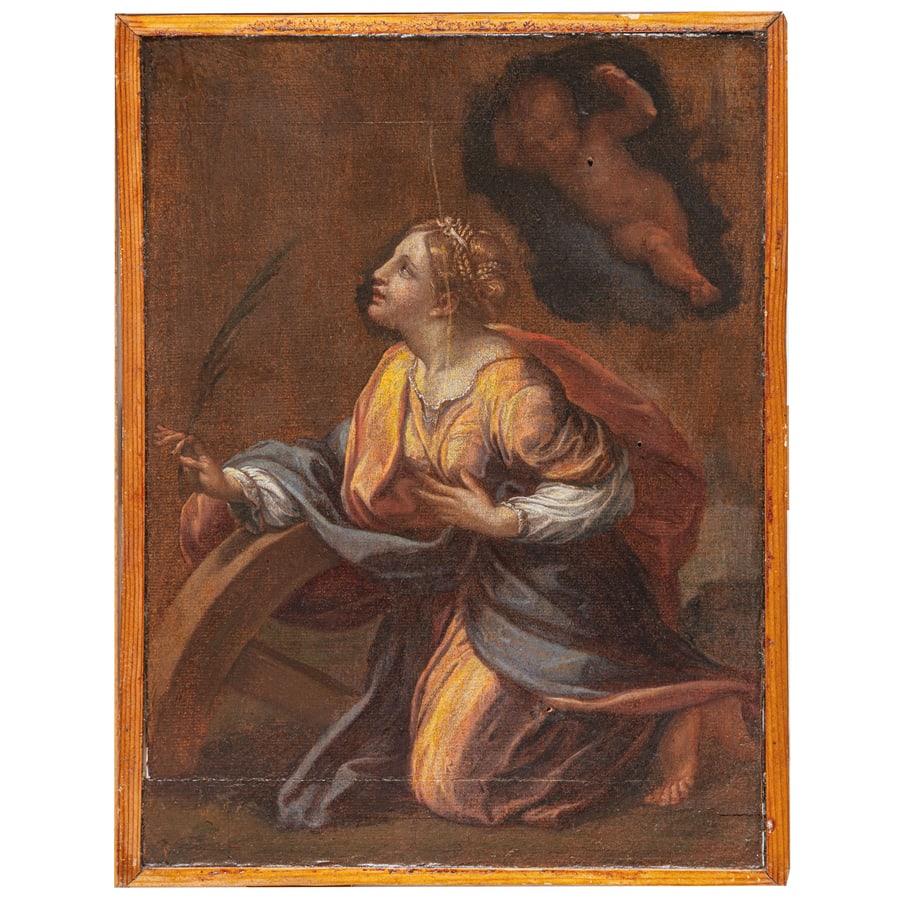 PITTORE EMILIANO DEL XVII SECOLO: Santa Caterina d'Alessandria Olio su carta applicata su tela, cm 38X28,5 Provenienza: Collezione privata Realizzato a olio su carta, il dipinto è indubbiamente un bozzetto e la figura di Santa