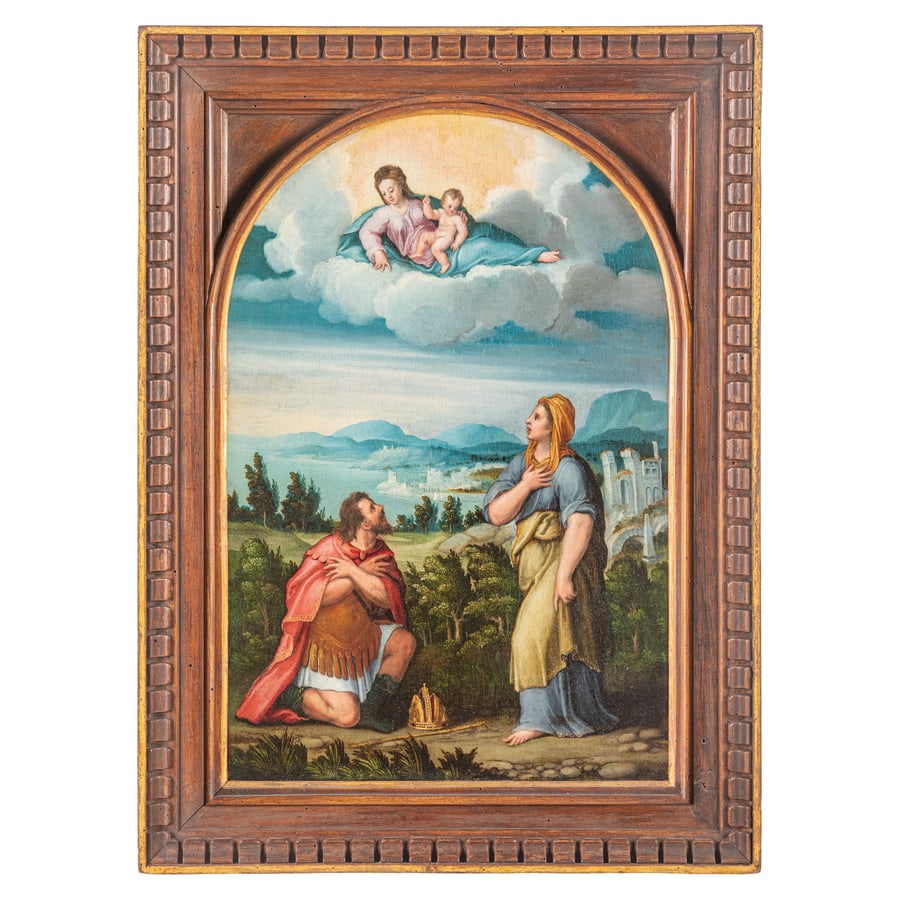 SEBASTIANO FILIPPI detto il BASTIANINO: (Ferrara, 1528 circa? - 1602) Augusto e la Sibilla Tiburtina (1550-1555) Olio su tavola centinata, cm 46,5X31 La tavola raffigura un episodio riportato da Svetonio nella Vita di Ottaviano Augusto, a