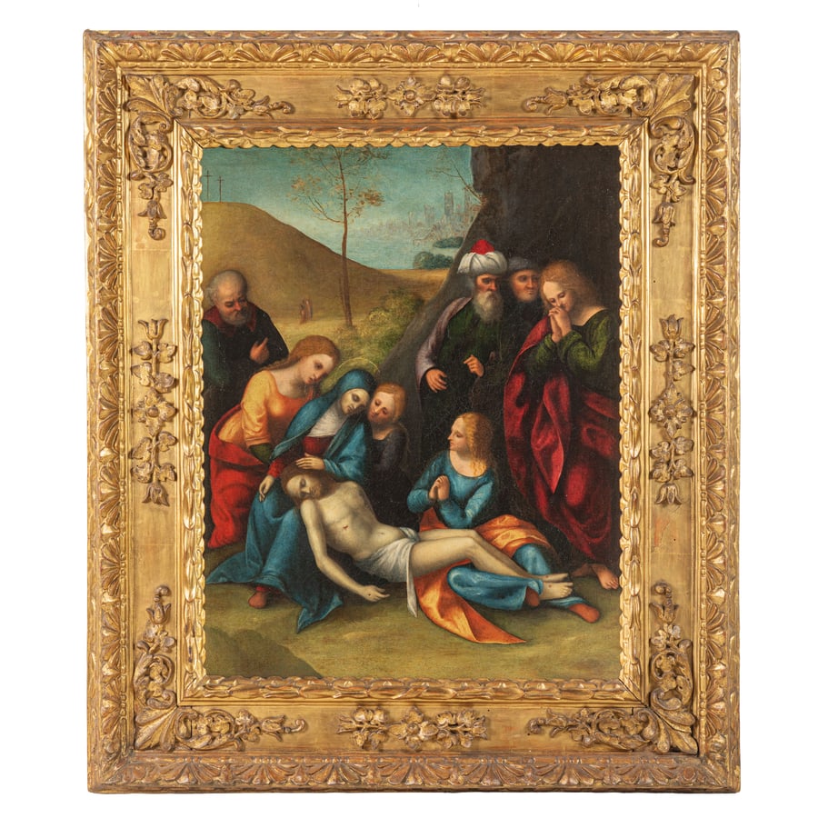 GIOVAN FRANCESCO TURA: (Mantova, 1485 circa - 1542 circa) Compianto Olio su tela, cm 71,5X56,5 (con antica cornice emiliana a cassetta) Provenienza: Ferrara, collezione privata Ponendosi tra la vecchiaia di Andrea Mantegna