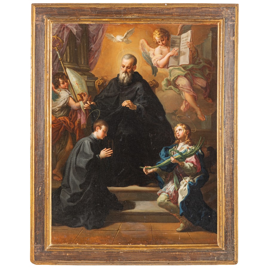 SEBASTIANO CONCA: (Gaeta, 1680 - Napoli, 1764) San Benedetto impartisce la regola ai Santi Mauro e Placido Olio su tela, cm 106,5X80,5 Provenienza: Milano, Finarte, 29 novembre 1973, lotto 13 (come Sebastiano Conca) Co