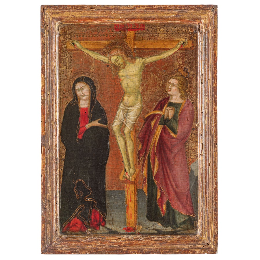 PITTORE SENESE DEL XIV-XV SECOLO: Crocifissione Tempera su tavola a fondo oro, cm 31,5X21,2 Provenienza: Saronno, collezione privata La tavola si può ricondurre al Maestro di Panzano, un artista di formazione senese la cui