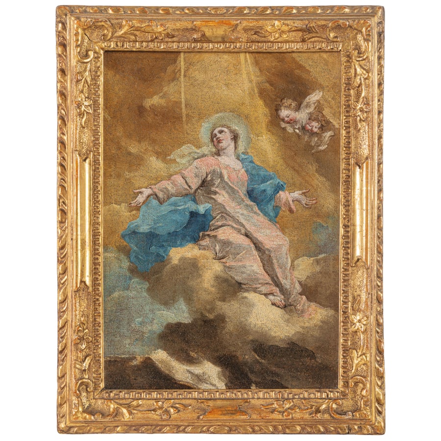 GIANANTONIO GUARDI: (Vienna, 1699 - Venezia, 1760) Assunzione della Vergine Olio su tela, cm 33X23,5 Per la qualità pittorica e la felicità cromatica l'opera si rivela una preziosa testimonianza