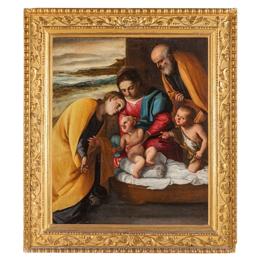 PAOLO GUIDOTTI detto il CAVALIER BORGHESE: (Lucca, 1560 - Roma, 1629) Sacra Famiglia con San Giovannino e Santa Caterina Olio su tela, cm 100X83,5 Pittore raro e sfuggente, il catalogo di Guidotti conta poche opere rispetto agli anni di attivi