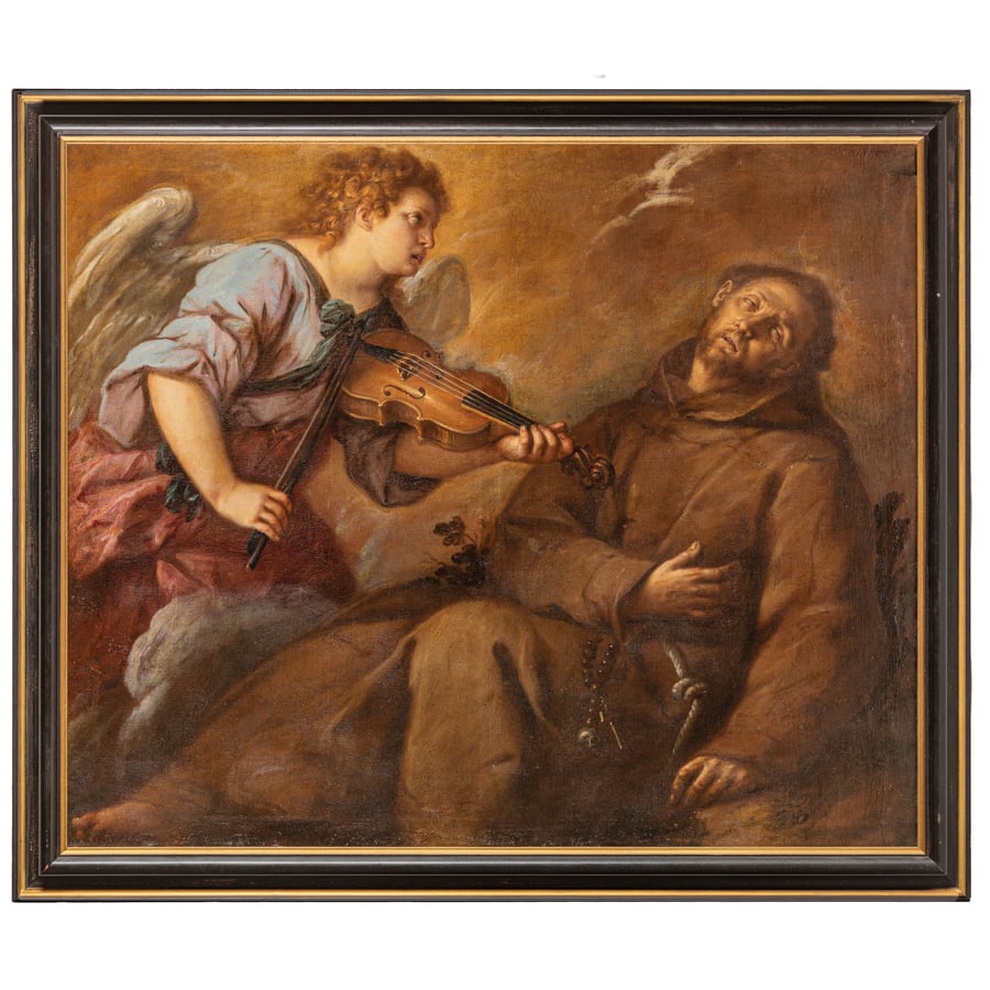 GIUSEPPE NUVOLONE: (Milano, 1619 - 1703) San Francesco confortato dall'angelo Firmato sul verso della tela: 'Joeseph Nuvoloni Panfilus F.' Olio su tela, cm 98X118,5 A fronte di una indubbia affinità stilistica tra