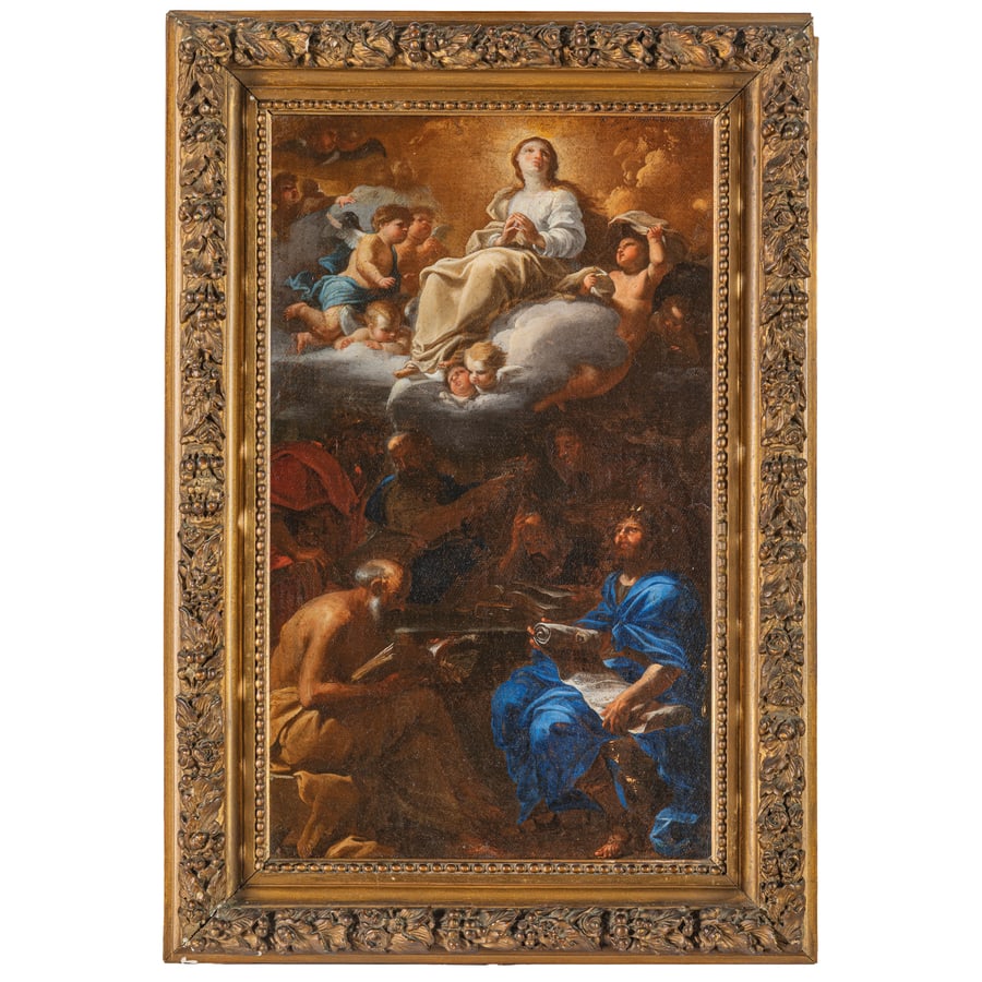 JAN MIEL: (Beveren-Waas, 1599 - Torino, 1663) La Vergine Immacolata in gloria con i profeti Olio su tela, cm 40X24 Il dipinto è una significativa aggiunta al catalogo del pittore fiammingo Jan Miel