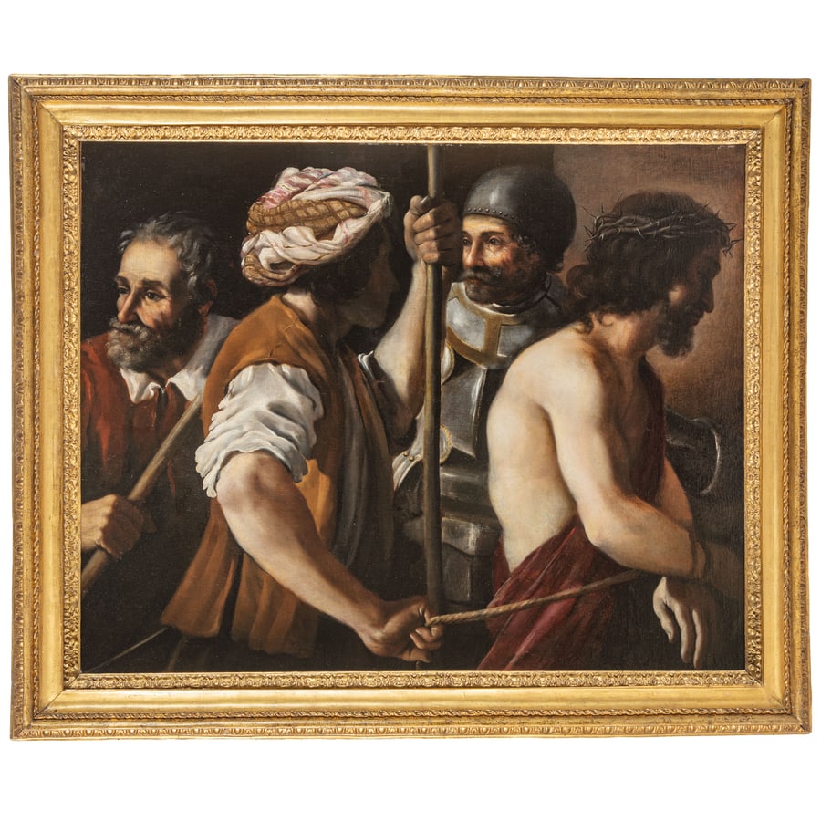 PITTORE CARAVAGGESCO FRANCESE ATTIVO A ROMA NEL XVII: SECOLO Cattura di Cristo Olio su tela, cm 93X116,5 È indubbio che il dipinto evochi una sensibilità guercinesca, tuttavia, si conviene che si tratti di un riflesso, di un'eco apparente,