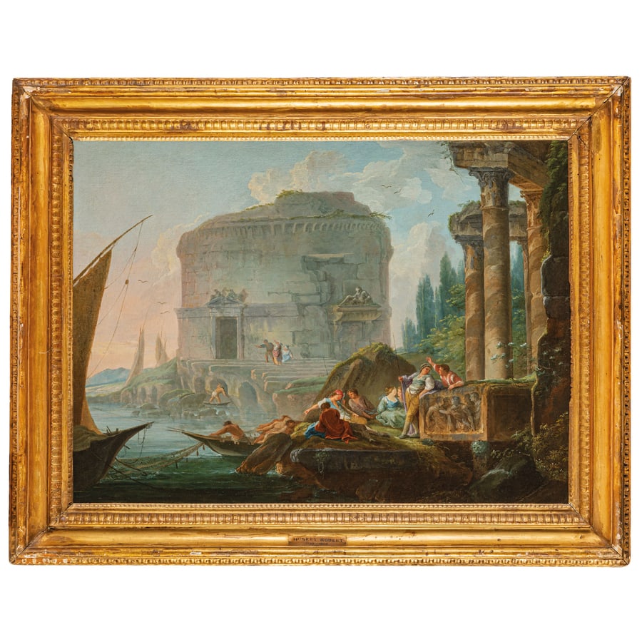 HUBERT ROBERT: (Parigi, 1733 - 1808) Veduta costiera di fantasia con edifici classici e figure Olio su tela, cm 75X99,5 Provenienza: Stoccolma, collezione Palmer Stoccolma, Bukowski, 18 marzo 1931 Stoccolma,