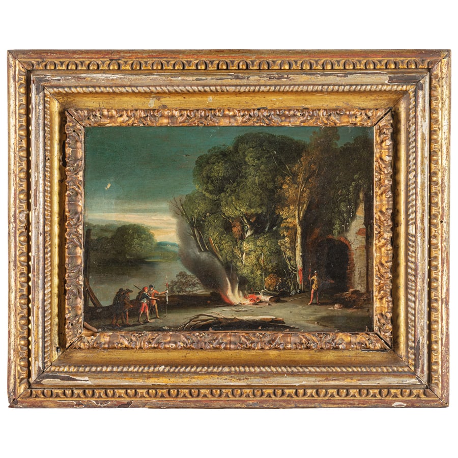 AGOSTINO TASSI: (Ponzano Romano, 1580 - Roma, 1644) Paesaggio con figure attorno a un fuoco Olio su rame, cm 23,5X33,5 Provenienza: Roma, Galleria d'arte Bernini (come Agostino Tassi ma con misure e natura del suppor