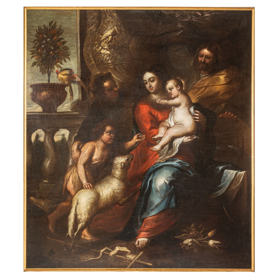 VINCENT MAL: (Cambrai, 1600 - Roma, 1660) Madonna con il Bambino e San Giovannino Olio su tela, cm 192,3X168 Provenienza: Genova, mercato antiquario Collezione privata Bibliografia: A. Orlando, Vincenzo Malò