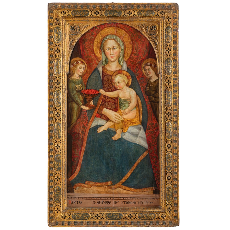 BARTOLOMEO DI ANDREA BOCCHI: (Pistoia, 1400/1406 - prima del 1476) Madonna con il Bambino e angeli Inscritto alla base: B/ARTO S. ANDREC DE STORIO M. FECIT Tempera su tavola, cm 127X65 Provenienza: Saronno, collezione privata