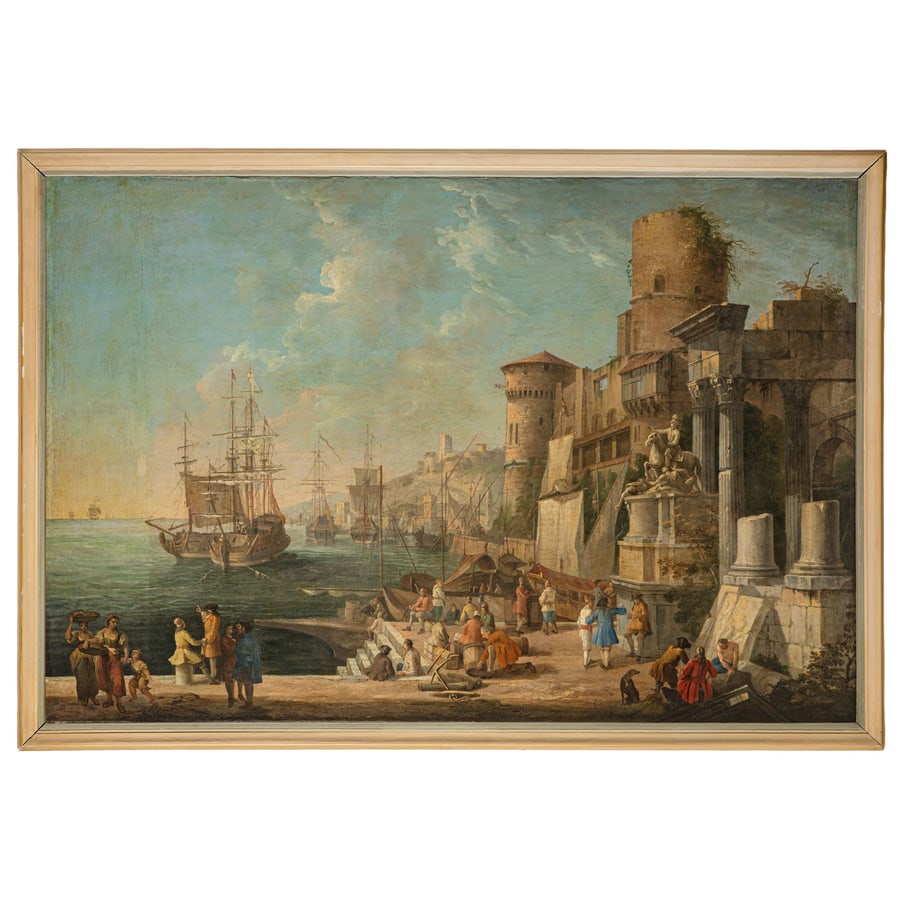 LUCA CARLEVARIJS: (Udine, 1663 - Venezia, 1730) Veduta di porto mediterraneo (1711-1712) Olio su tela, cm 98,5X146 Provenienza: Milano, collezione privata Luca Carlevarijs fu il più importante vedutista prima di