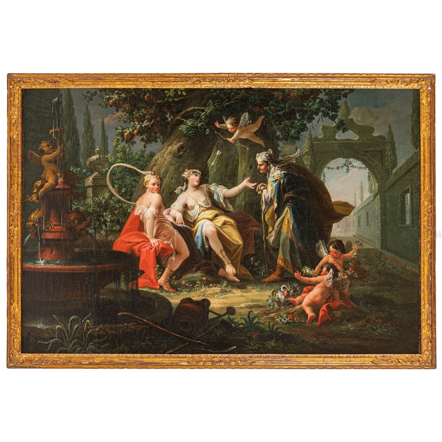 PITTORE DEL XVIII SECOLO: Vertumno e Pomona Olio su tela, cm 93X135 Provenienza: Monaco di Baviera, Weinmuller, 12-14 maggio 1971, lotto 570 (come pittore francese del XVIII secolo) Cervignano, collezione Dino Breggian