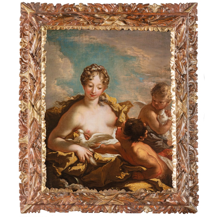 GIOVANNI ANTONIO PELLEGRINI: (Venezia, 1675 - 1741) Venere con fauno e amorini Olio su tela, cm 77X63 Ricondotto al catalogo di Giovanni Antonio Pellegrini da Fabrizio Magani, il dipinto si deve giudicare una delle opere più