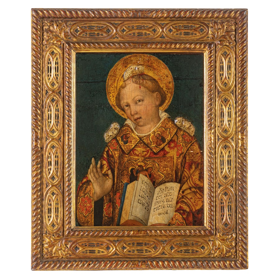 MICHELE GIAMBONO: (Venezia, 1400 circa - 1462 circa) Santo Stefano Olio su tavola, cm 30,5X23 Provenienza: Metelliano, collezione Tommasi Aliotti Milano, collezione Frizzoni Bellagio, collezione Gibert Saronno,