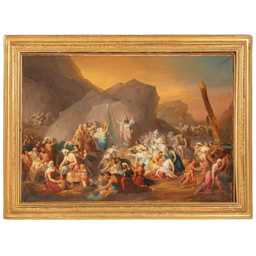 PITTORE DEL XIX SECOLO: Mosè fa scaturire l'acqua dalla roccia Olio su tela, cm 83X116 Provenienza: Torino, collezione privata Le belle tele in catalogo, non firmate e prive di documentazione archivistica certa, non