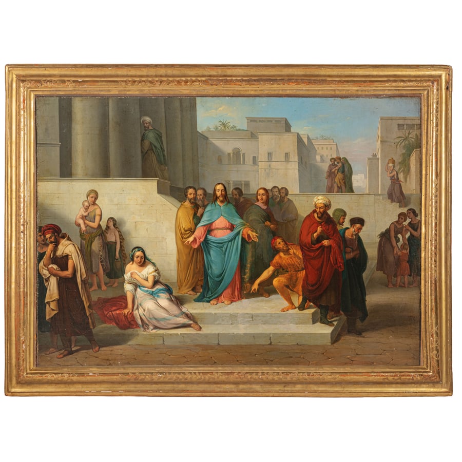 PITTORE DEL XIX SECOLO: Cristo e l'adultera Olio su tela, cm 83X116 Provenienza: Torino, collezione privata Nel dipinto la scena è intensa e teatrale: Gesù, al centro, appare calmo e autorevole, in contrasto con
