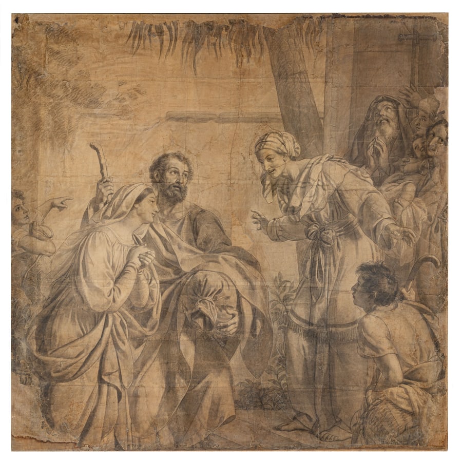 ENRICO SCURI: Bergamo 1806 - 1884 Visita di Maria a Santa Elisabetta Matita su carta applicata su tela, cm 222X224 Il disegno è lo studio per l?affresco della chiesa parrocchiale di Santa Maria Nascente di