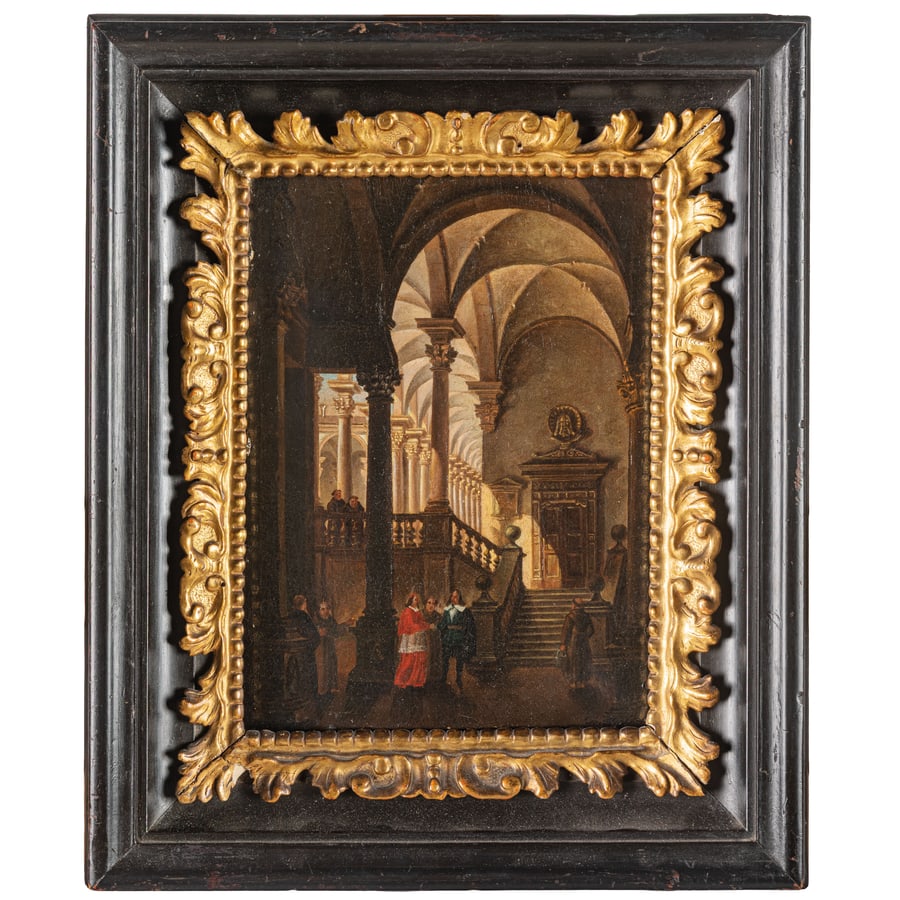 GIOVANNI MIGLIARA: Alessandria, 1785 - Milano, 1837 La visita del vescovo a palazzo Firmato Giov Migliara in basso a destra Olio su tavola, cm 23X16,6 Provenienza: Italia, collezione privata Nel dipinto in catalogo si