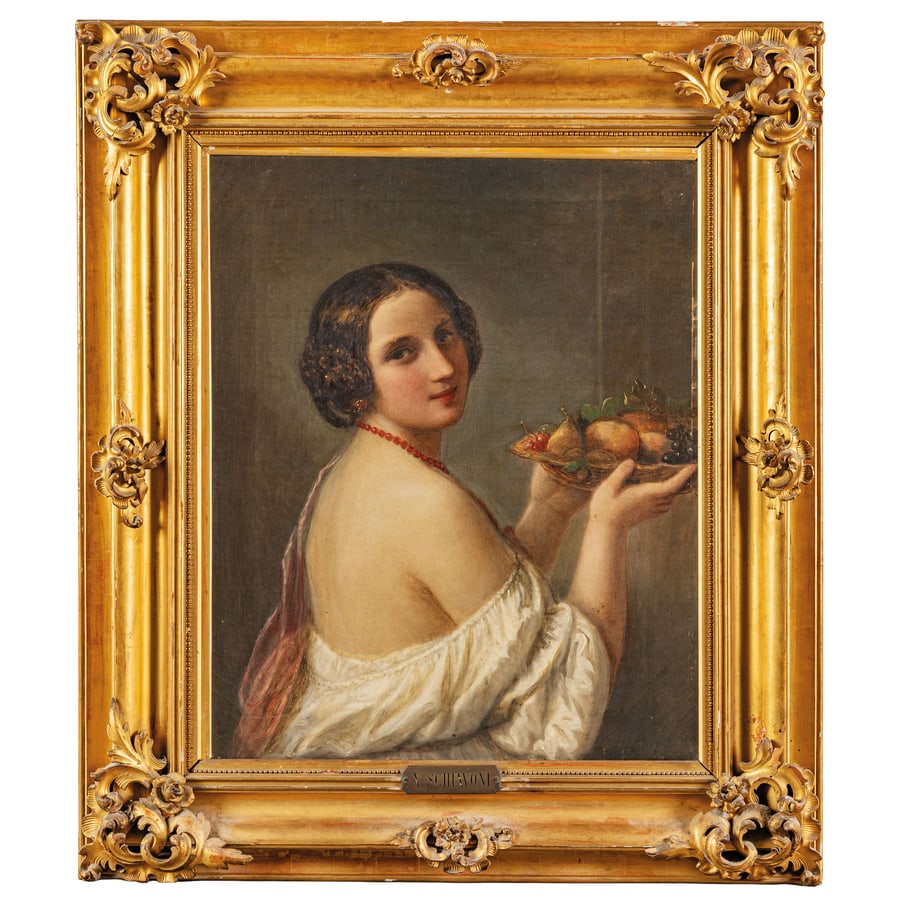 NATALE SCHIAVONI: Chioggia, 1777 - Venezia, 1858 Ritratto femminile con canestro di frutta Firmato N Schiavoni dip in basso a destra Olio su tela, cm 78X63 Provenienza: Roma, collezione privata L'opera presentata in