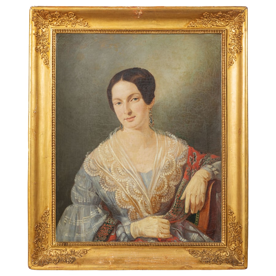 PITTORE DEL XIX SECOLO: Ritratto di signora con scialle di pizzo Olio su tela, cm 74X59
