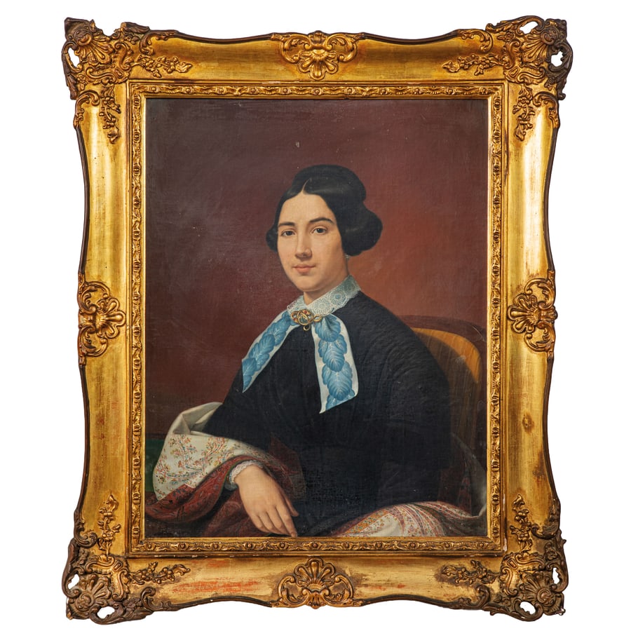 PITTORE DEL XIX SECOLO: Ritratto di signora con fiocco azzurro Olio su tela, cm 75X70
