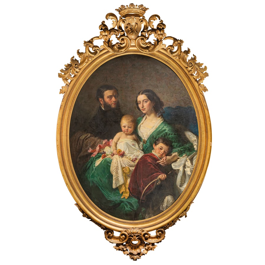 DOMENICO MORELLI: Napoli, 1826 - 1901 Ritratto della famiglia Capece Minutolo Olio su tela, cm 153X124 Provenienza: Italia, collezione privata Esposizioni: Mostra delle opere di Domenico Morelli, Napoli, Real
