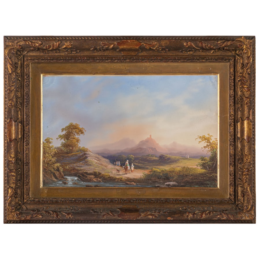 PITTORE DEL XIX SECOLO: Paesaggio fluviale con contadini Paesaggio lacustre co figure Tempera su carta, cm 31X47(2) Le quattro eleganti tempere raffigurano scorci lacustri e fluviali animati da minute figure di viandanti e