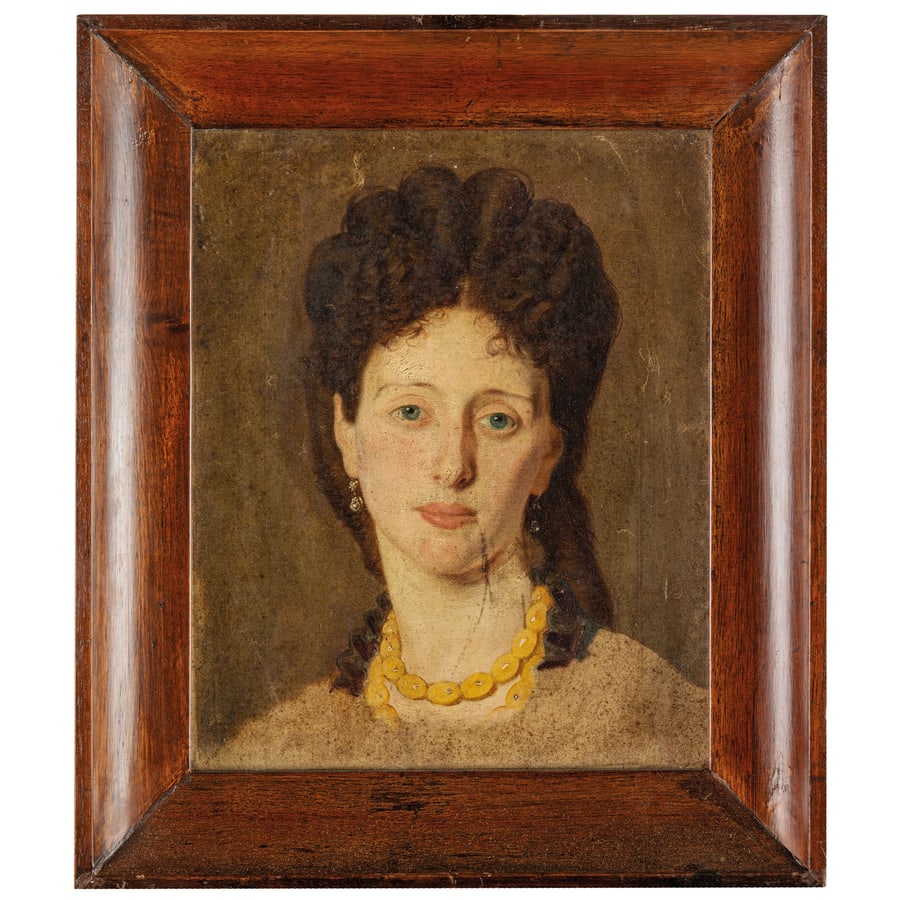 RAFFAELE GIANNETTI: Porto Maurizio 1837 - Genova 1915 Ritratto di donna con collana di ambra Olio su cartone, cm 34X27,5