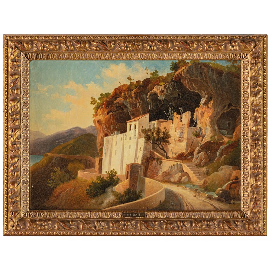 GIACINTO GIGANTE: Napoli, 1806 - 1876 Veduta della costiera sorrentina Firmato G Gigante e datato 50 in basso a sinistra Olio su tavola, cm 29,5X41,5 Giacinto Gigante rappresenta una delle figure più significative