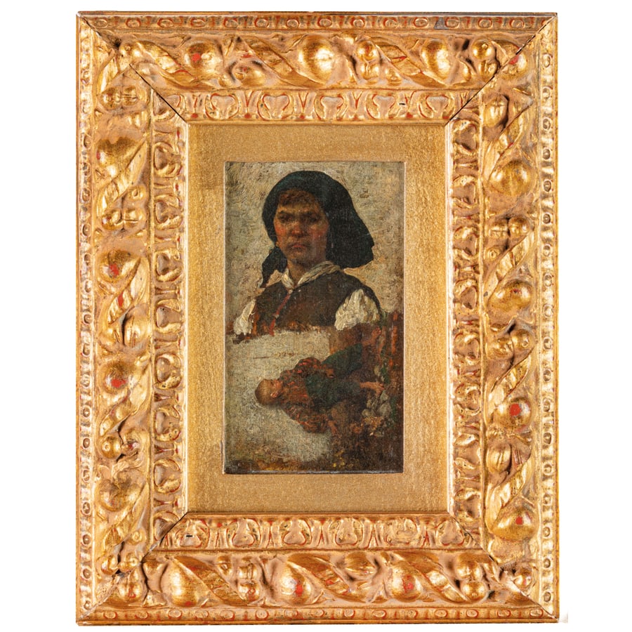 RAFFAELE GIANNETTI: Porto Maurizio 1837 - Genova 1915 Studio di figure Timbro dell'Atelier R Giannetti e data 1916 sul retro Olio su tavoletta, cm 31X21,5