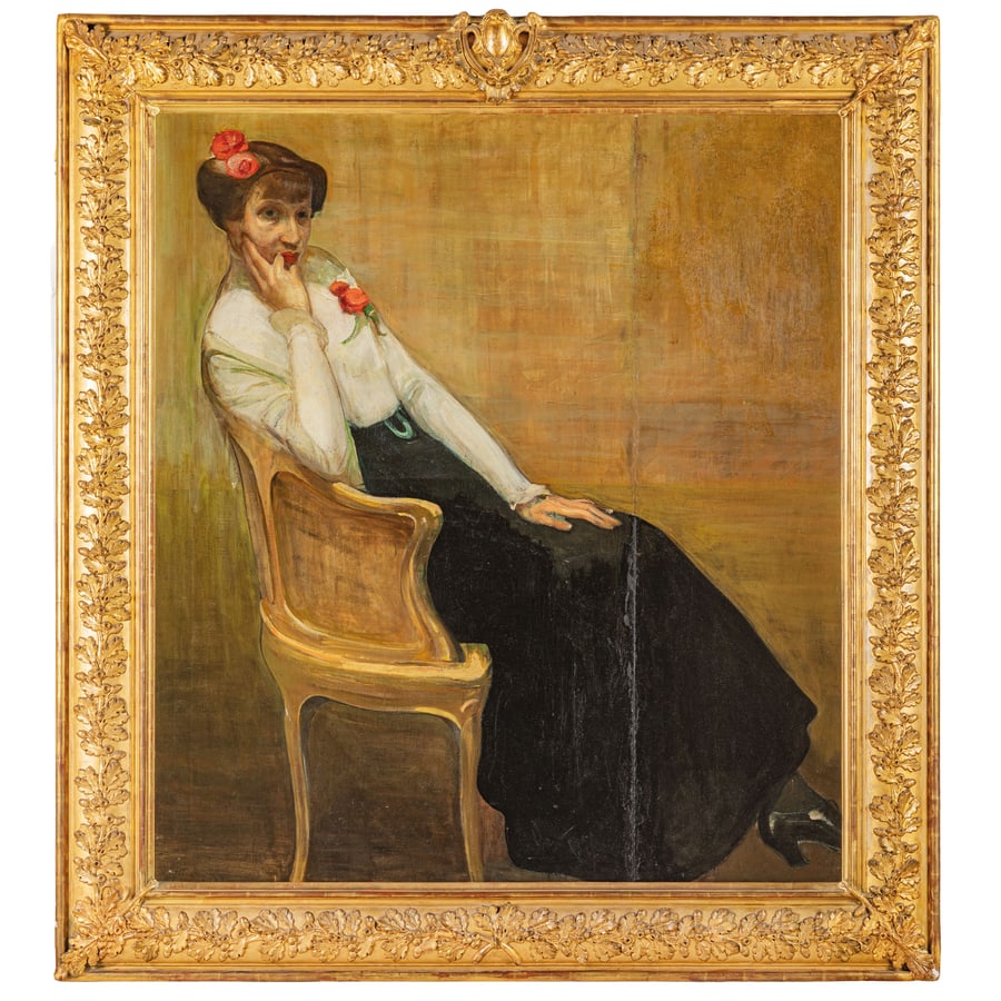 PITTORE DEL XIX SECOLO: Ritratto di signora in un interno Olio su tela, cm 150X135 Provenienza: Roma, collezione privata