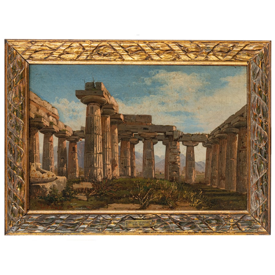 THEODORE DUCLERE: Napoli, 1815 - 1869 Tempio di Paestum Firmato Th Duclere datato 32 in basso a sinistra Olio su tela, cm 25X38,5 Theodore Duclere rappresenta uno dei paesaggisti più significativi della Scuola di