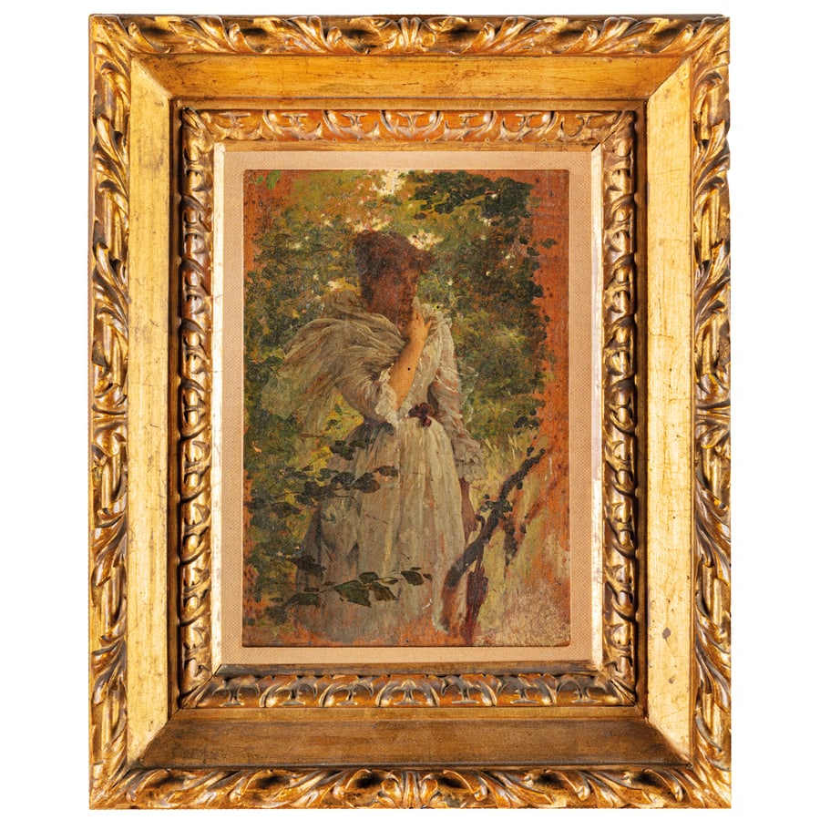 RAFFAELE GIANNETTI: Porto Maurizio 1837 - Genova 1915 Bellezza estiva Timbro dell'Atelier e data 1916 sul retro Olio su tavoletta, cm 17X11,5