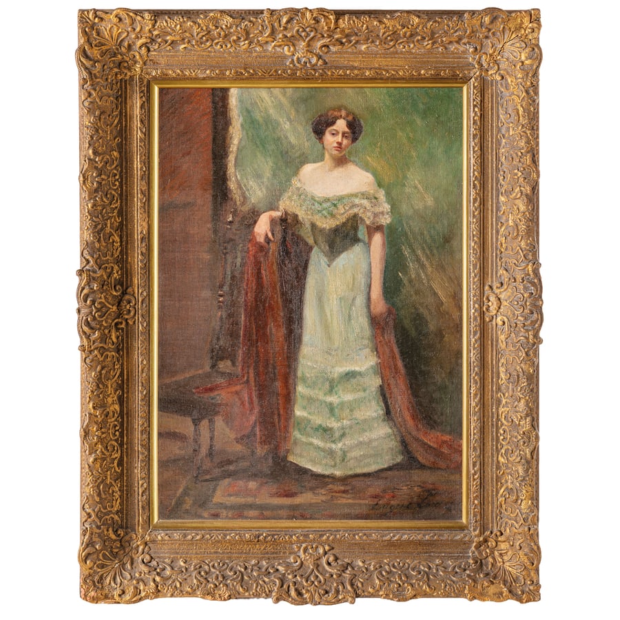 EUGENE LUCQ: Bergen 1858 - 1960 Ritratto di giovane donna in un interno Firmato Eugene Lucq e datato 88 in basso a destra Olio su cartone telato, cm 69X49 Provenienza: Milano, collezione privata Pittore elegante,