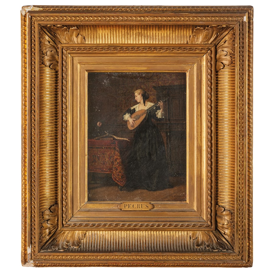 CHARLES FRANCOIS PECRUS: Lemoges, 1826 - Parigi, 1907 Ragazza con mandolino Firmato C Pecrus in basso a destra Olio su tavola, cm 24X18,5 Provenienza: Italia, collezione privata Pittore francese attivo nel clima artistico eur