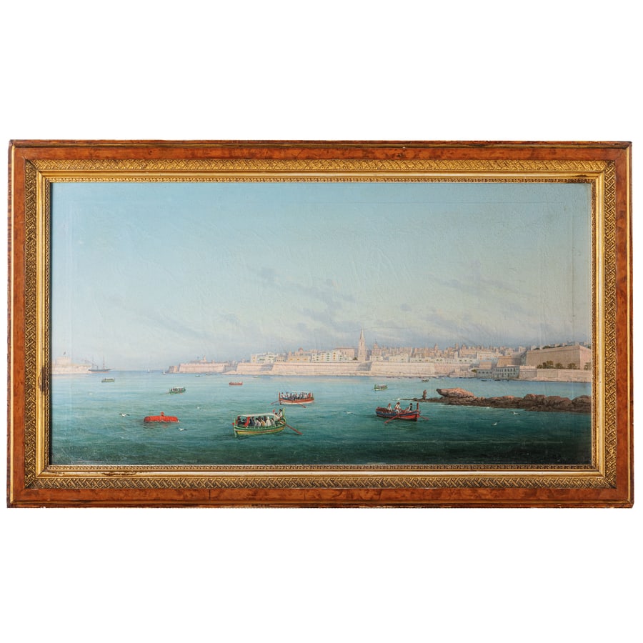 GIROLAMO GIANNI: Napoli 1837 - 1895 Malta, veduta del porto della Valletta Veduta di Malta con barche di pescatori Firmati G Gianni e datati 87 in basso a destra Olio su tela, cm 38X72 (2) Provenienza: Milano, collezi