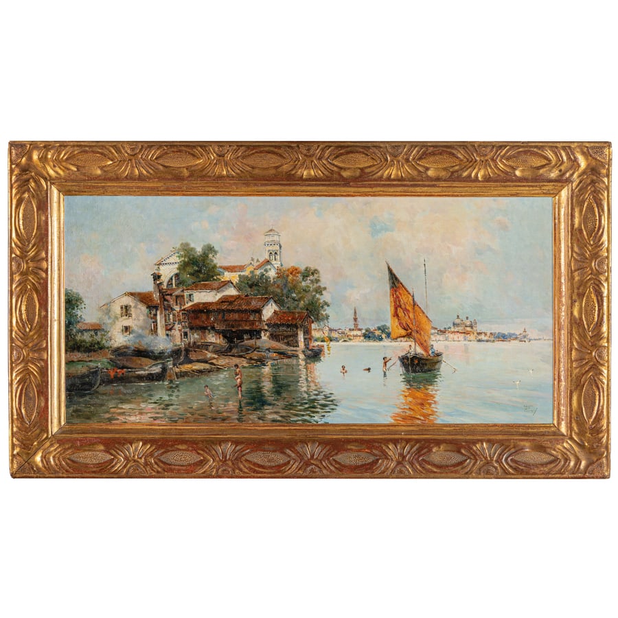 ANTONIO MARIA REYNA Y MANESCAU: Coin, 1859 - Roma, 1937 Venezia, bagnanti a Squero San Travaso Firmato Reyna, Venezia in basso a destra Olio su tela, cm 35X75 Nato a Málaga, Reyna y Manescau si formò inizialmente in