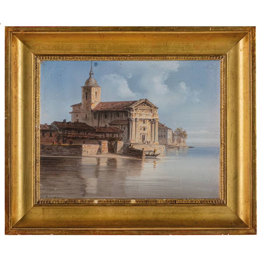 CARLO BOSSOLI: Lugano, 1815 - Torino, 1884 Veduta del lago di Como Tempera su carta, cm 24X31 Provenienza: Milano, collezione privata Nelle vedute di Bossoli, come questa dedicata al lago di Como, emerge la sua