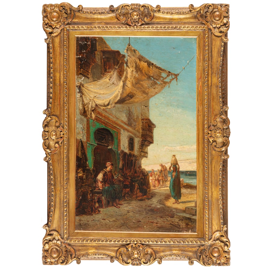 PIERRE TETAR VAN ELVEN: Molenbeek-Saint-Jean, 1828 - Milano, 1908 Mercato a Beirut Firmato P T Van Elven in basso a destra, iscrizione a sinistra Olio su tela, cm 82X51 Provenienza: Milano, collezione privata L'artista Pierr