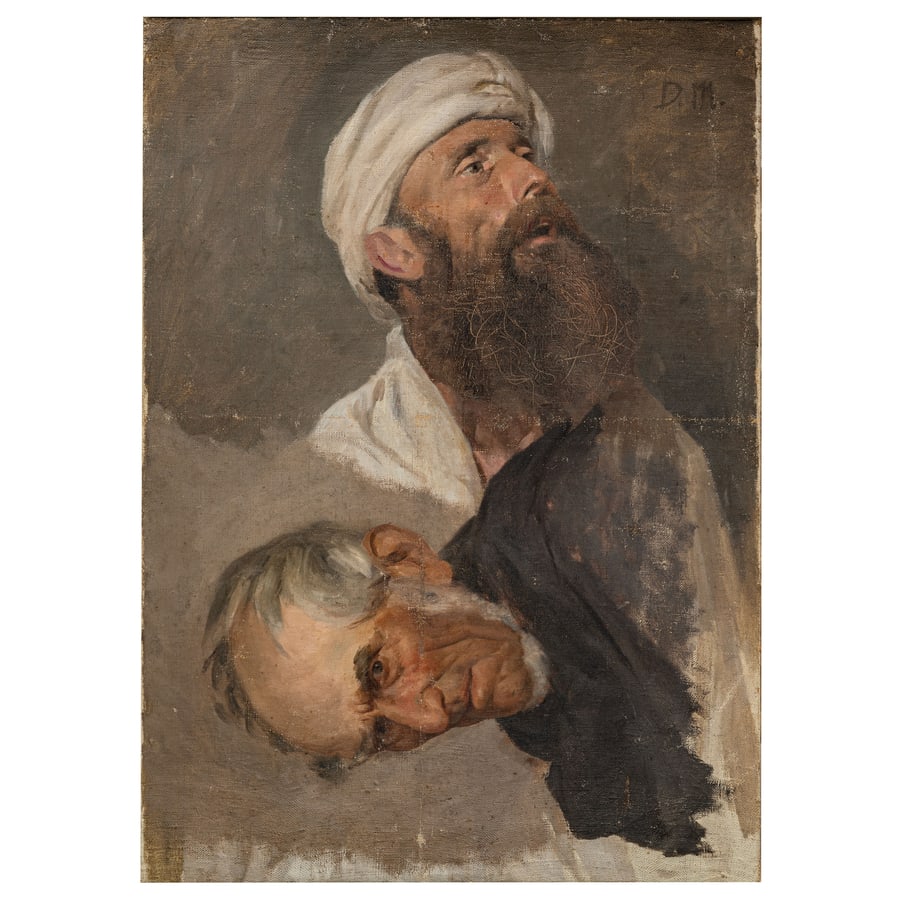 DOMENICO MORELLI: Napoli, 1826 - 1901 Studio di teste Monogramma D M in alto a destra Olio su tela, cm 70X50 L'opera si colloca nella fase matura della produzione di Domenico Morelli, quando l'artista napoletano approf